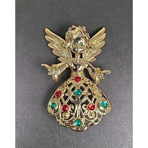 Vintage TANCER II Signed Angel Brooch Gold Tone Red & Green Rhinestones - Picture 1 of 4